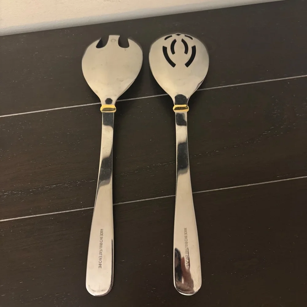 Stainless Steel‎ Serving Set | Silver Gold Tone Accent 11 Inch 2 Piece Set